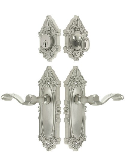Grandeur Grande Victorian Entrance Door Set, Keyed Alike with Portofino Levers in Satin Nickel.